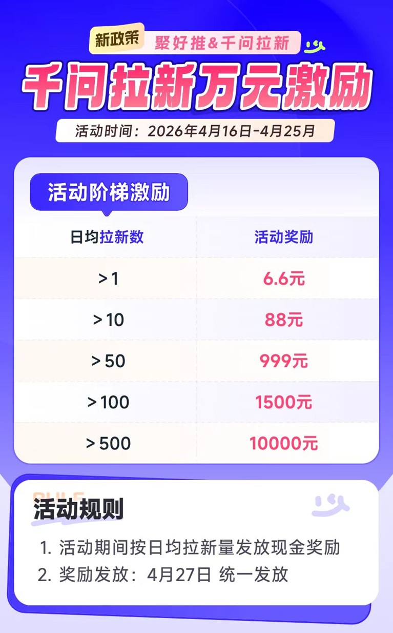 聚好推千問推廣賺錢項目介紹：聚好推千問拉新推廣一級渠道，全網(wǎng)招募推廣達人傭金日結(jié)！